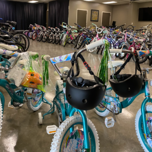 Long Rows of Children's Bikes for Christmas Giveaway