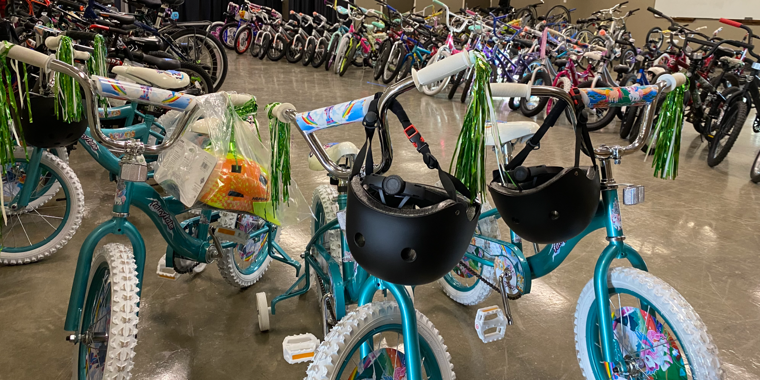Long Rows of Children's Bikes for Christmas Giveaway