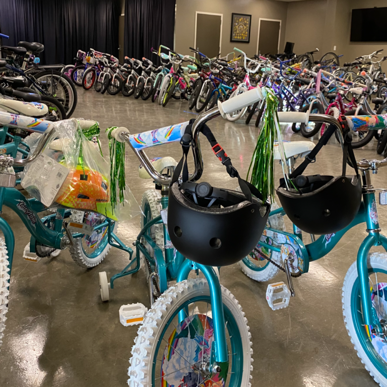 Long Rows of Children's Bikes for Christmas Giveaway